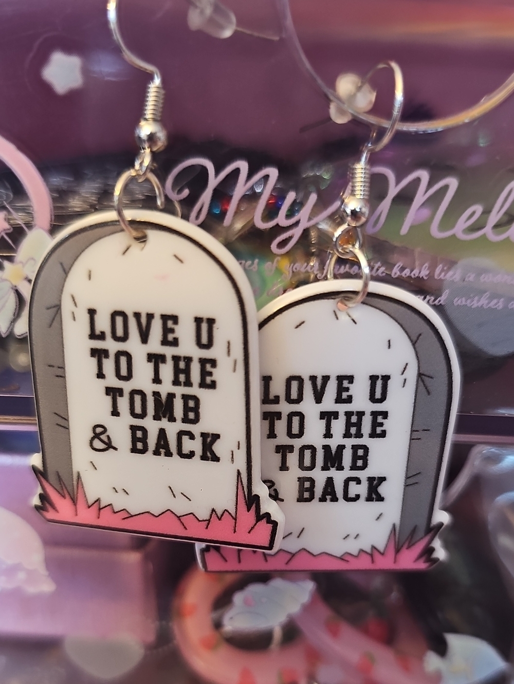 Love U To The Tomb & Back Tombstone Earrings — White & Pink